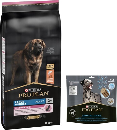Pro Plan tørrfôr Adult PURINA + Dental Care for store hunder på kjøpet Large Robust Sensitive Skin laks 12 kg 14 kg 426 g 14 kg