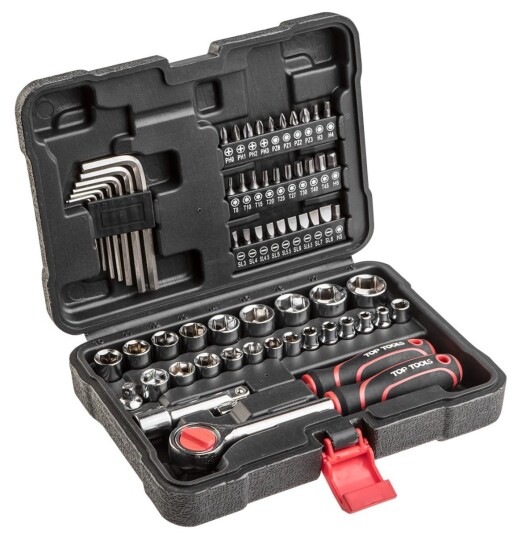 PIPESETT 1/4" og 3/8" 63deler 1/10 m/SKRALLE BITSSETT m/KOFFERT TOP TOOLS