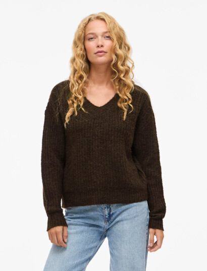 Vila Vilampe V Neck L/S Knit Top Noos   Brown   S