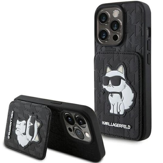 Karl Lagerfeld Mobildeksel til iPhone 15 Pro Max Saffiano Hardcase med Kortholdere og Stativ - Svart Monogram Choupette