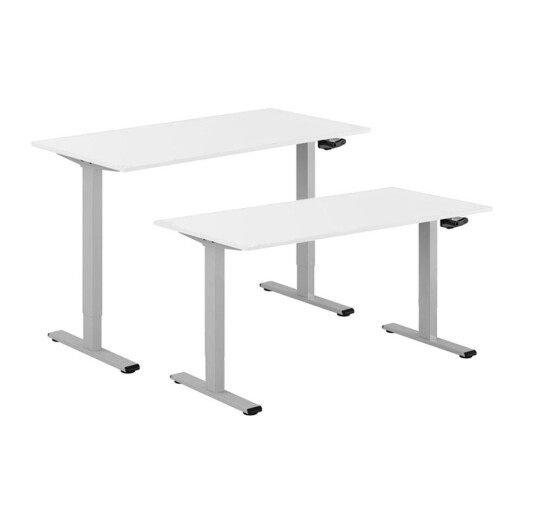Design Studio Hev Og Senkbart Skrivebord, Sveiv, Grå Stativ, Hvit Bordplate, 10 Størrelser