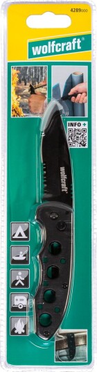 Wolfcraft Fritidslommekniv - 75 mm, Delvis Serratert Blad, Aluminiumshåndtak - Sort