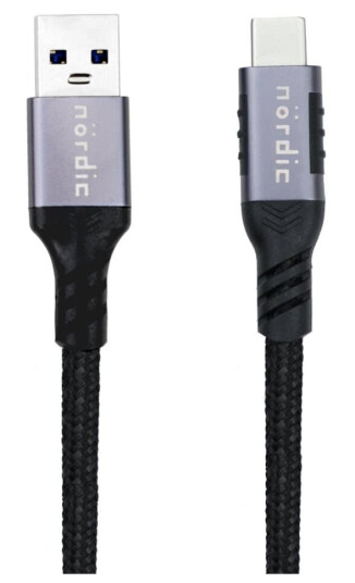 NÖRDIC 25cm USB3.2 Gen1 USB-C til A nylonflettet kabel hurtiglading 3A 5Gbps Strømforsyning PD 60W