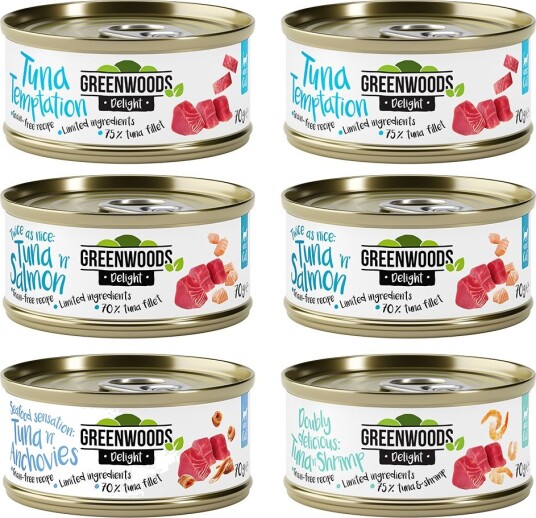 Greenwoods Våtfôr Blandet Prøvepakke Tunfisk Delight Mix 4 Sorter 6 X 70 G