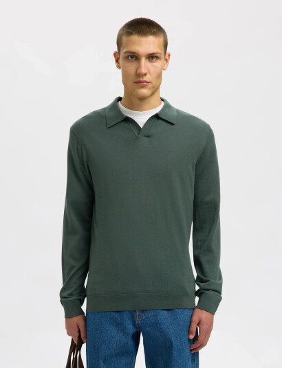 Selected Slhtray Ls Knit Merino Open Polo - Green - S