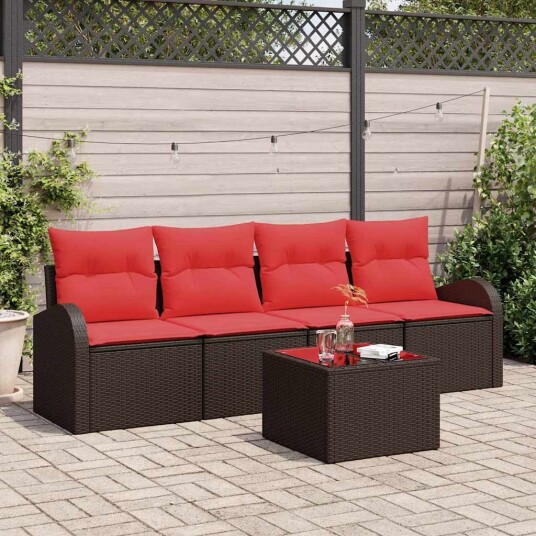 vidaXL Hagesofa Set med lagring 5 pcs Beige og Rød polyrotting