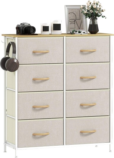 Soveromskommode med 8 stoffskuffer stålramme beige
