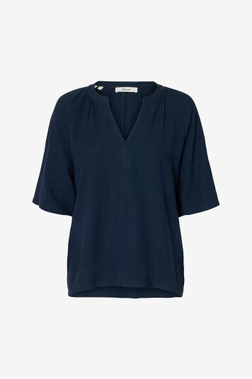Selected Women   Bluse slfViva 2/4 V neck Linen Blend Top   Blå