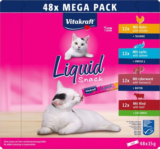 Vitakraft Cat Liquid Snack Mikspakke 2 - 48 x 15 g Delikate Godbiter for Katter