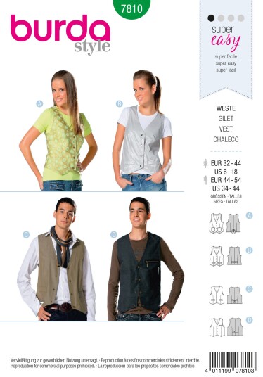 Burda 7810 - Unisex vest EUR: 32-44/44-54, US: 6-18/34-44 Burda 7810 - Unisex vest EUR: 32-44/44-54, US: 6-18/34-44