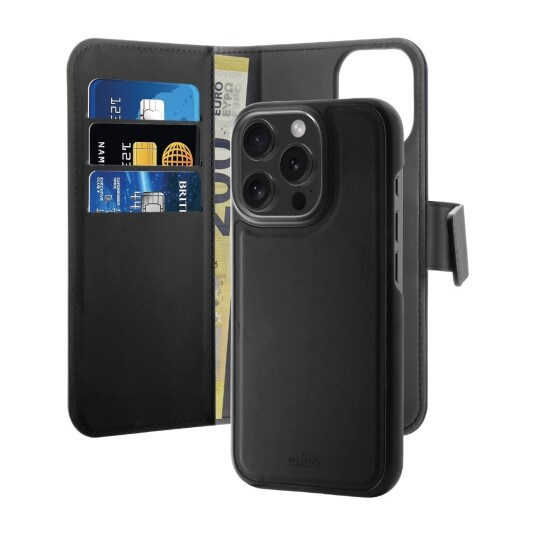 Puro Flip-cover til iPhone 16 Pro med MagSafe - Svart Kunstskinn