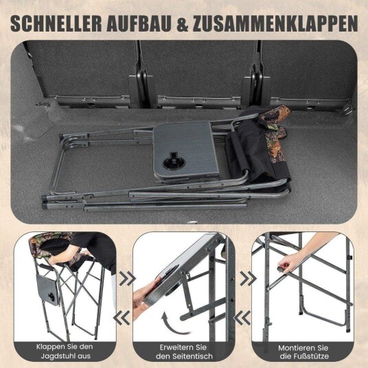 Sammenleggbar høy jaktstol Robust overdimensjonert regissørstol med sidebord lastekapasitet 150 kg