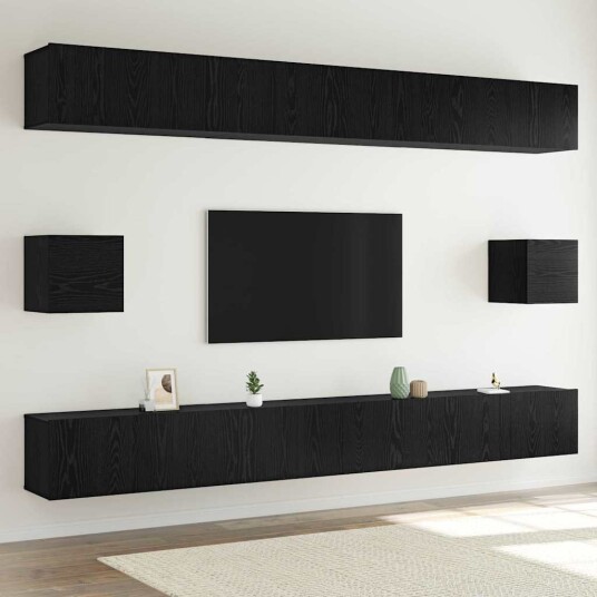 TV benksett Veggmontert 8 pcs Svart Eik Konstruert tre TV benksett Veggmontert 8 pcs Svart Eik Konstruert tre