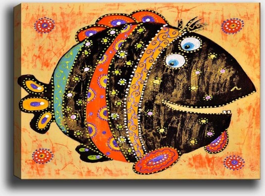 Lerretsbilde 70x100 cm Fargerik og leken fisk med mønstre og store øyne Svart / Oransje / Blå