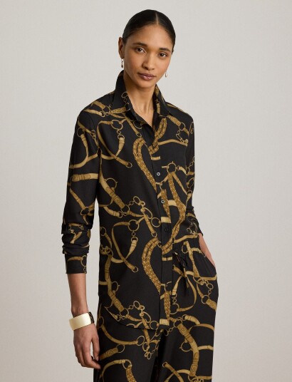 Lauren Ralph Lauren Classic Fit Belting Print Crepe Shirt Black XS