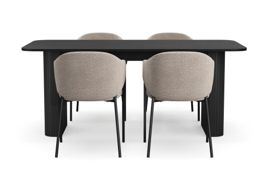 Bark Kopparbo Spisebord 180 240 cm Uttrekkbart med 4 Filip Spisestoler Svart / Taupe Bouclé