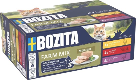 Bozita Katt Mousse Blandet Gård 12 x 85 g Våtfôr til Katt med Helse og Pels