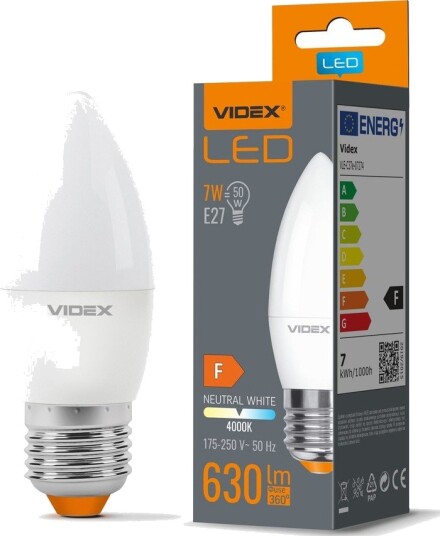 Videx E27 7W LED kronepære   C37 RA90 4000K erstatter 50W   Kulør : Nøytral