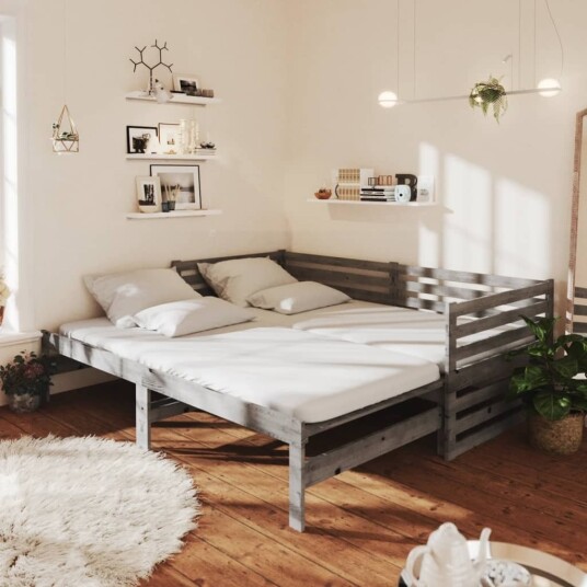vidaXL Uttrekkbar dagseng grå heltre furu 2x(90x200) cm vidaXL Uttrekkbar dagseng grå heltre furu 2x(90x200) cm