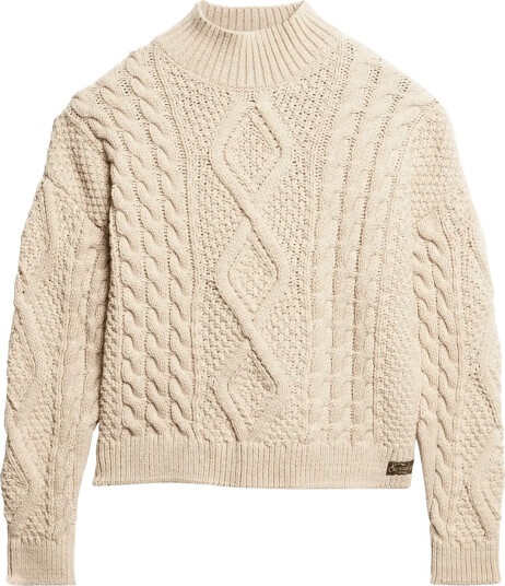 Superdry Aran Cable Knit Polo Jumper Cream 10