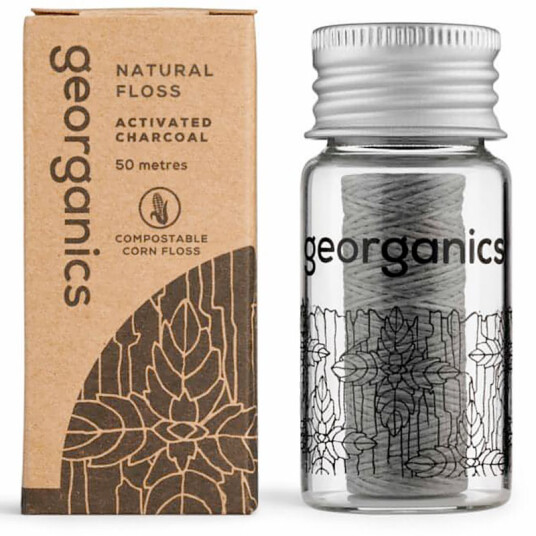 Bærekraftig tanntråd Georganics Charcoal Glass Dispenser