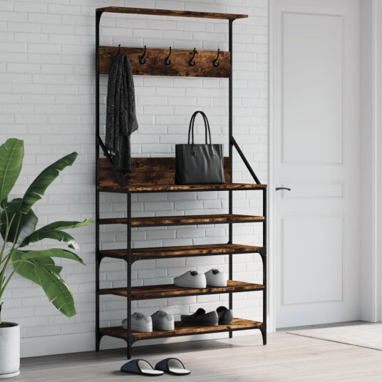 Klesstativ med skooppbevaring røkt eik 90x34x184 cm 8721012196612 Klesstativ med skooppbevaring røkt eik 90x34x184 cm 8721012196612