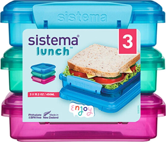 Sistema Matboks Sandwich 3 Pack Blå, Rosa, Grønn - 3 Stk - 450 ml