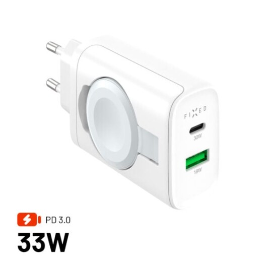 Fixed 33W MagFlip USB-C Lader for Apple Watch og USB-A - Hvit Fixed 33W MagFlip USB-C Lader for Apple Watch og USB-A - Hvit