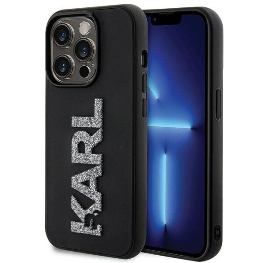 Karl Lagerfeld iPhone 15 Pro 3D Gummideksel med Glitterlogo - Svart