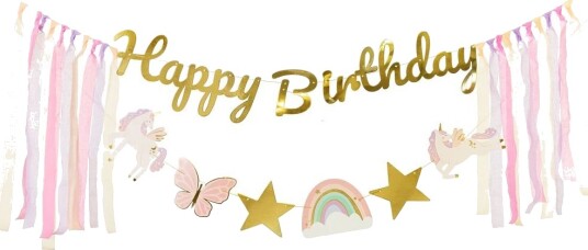 Pastell og Gullfarget Enhjørning Banner 230 cm Happy Birthday