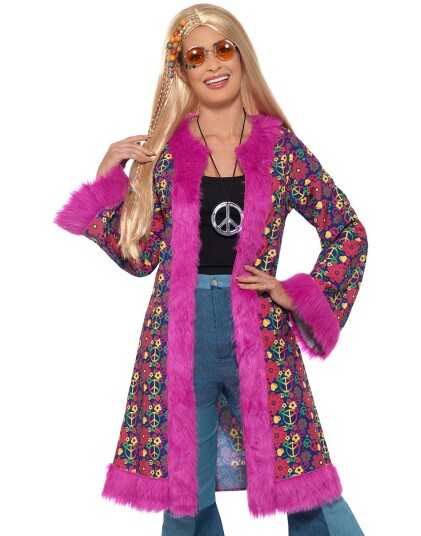 Mønstret Hippie Kostymejakke med Rosa FuskepelStrl L/XL Mønstret Hippie Kostymejakke med Rosa FuskepelStrl L/XL