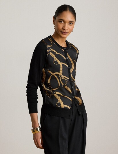 Lauren Ralph Lauren Belting Print Cotton Blend Cardigan Black M