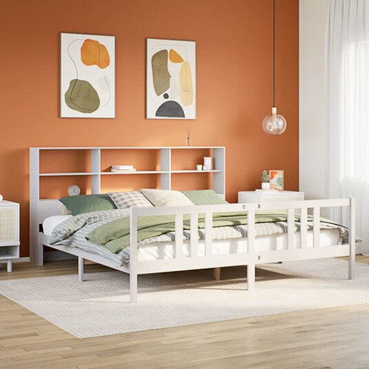 Seng med bokhylle uten madrass hvit 200x200 cm heltre furu 8721158611116