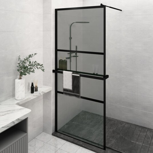 Dusjvegg med hylle svart 100x195 cm ESG-glass og aluminium Dusjvegg med hylle svart 100x195 cm ESG-glass og aluminium