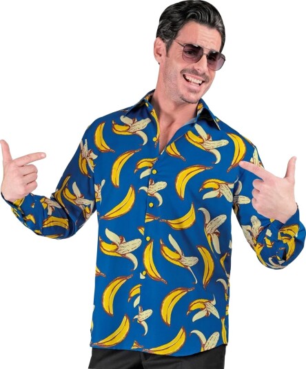 Blå UV Glow Kostymeskjorte med Bananmotiv til Herre XX Large Blå UV Glow Kostymeskjorte med Bananmotiv til Herre XX Large
