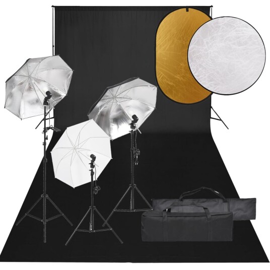 vidaXL Fotostudiosett med lyssett, bakgrunn og reflektor