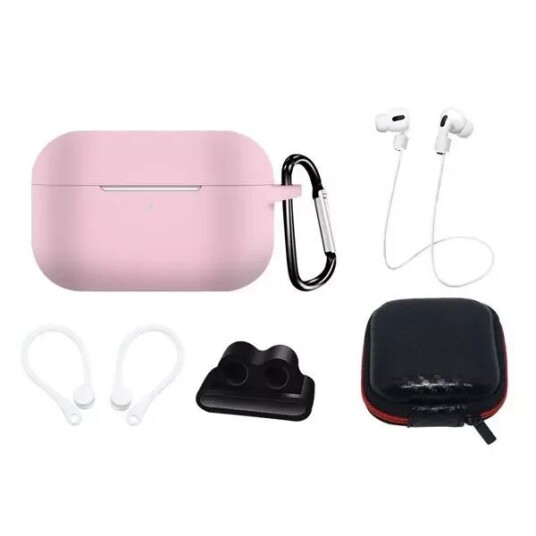 Hurtel AirPods Pro 1 & 2. gen. Silikonetui Sett med Nakkestropp og Ørekrok Rosa