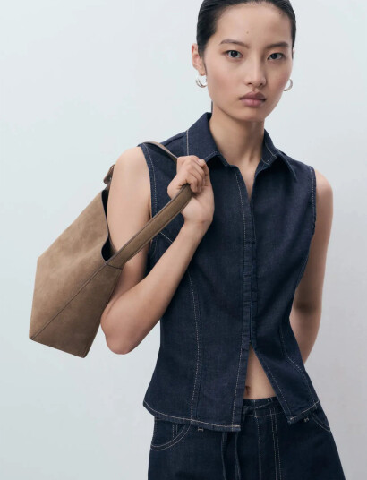 Mango Denim Top With Contrast Stitching - Navy - M
