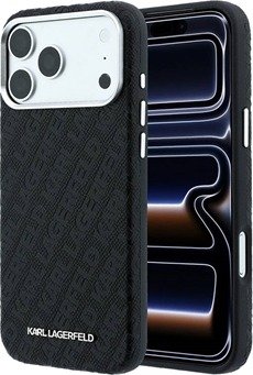 iPhone 18 Pro Max Karl Lagerfeld Grained Allover Logo Metal Avlangt MagSafe-deksel - Svart