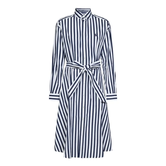 Polo Ralph Lauren Belted Wide Stripe Cotton Shirtdress Blue 44