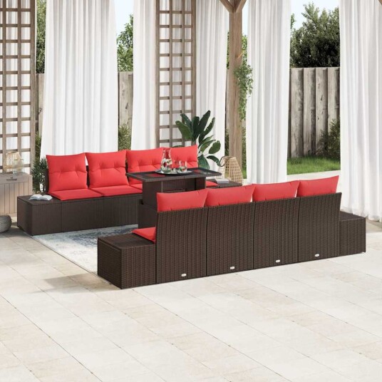 vidaXL Hagesofa Set 9 stk. 8-Antall seter Brun og rød polyrotting