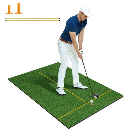 3 i 1 golf tee matte med kunstgress 2 golf tees 2 justeringsstaker og 6 forhåndsborede tee hull 152 x 92 cm 27 mm