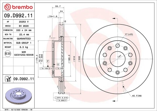 Bremseskive BREMBO 09.D992.11 Bremseskive BREMBO 09.D992.11