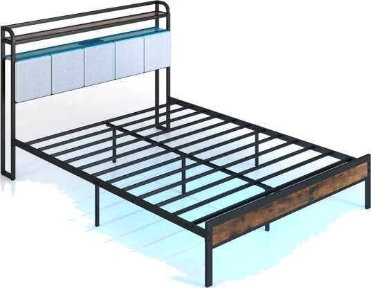 King Size sengeramme med LED lys og ladestasjon og polstret sengegavl metallramme sengeramme King Size sengeramme med LED lys og ladestasjon og polstret sengegavl metallramme sengeramme