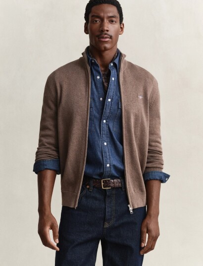 Gant Cotton Knit Zip Cardigan Brown L