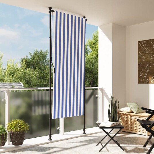 Utendørs rullegardin blå og hvit 120x270 cm stoff og stål 368765