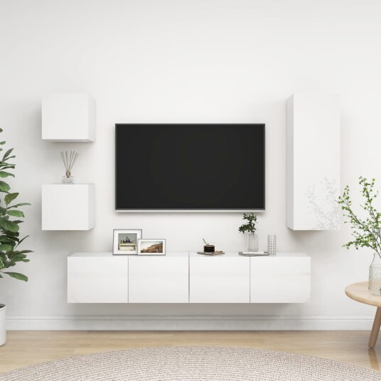 vidaXL TV-benksett 5 deler høyglans hvit sponplate