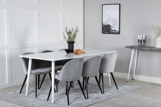 Venture Home Spisegruppe Yegua 180 cm inkl. 6 Luisa Stoler Hvit/Fløyel/Lysegrå/Svart