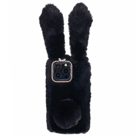 INCOVER iPhone 15 Pro Fleksibelt Plastbakdeksel m. Pels - Kaninører - Svart