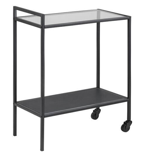 Sea hjørnebord som rullebord i klar glass og svart metall.